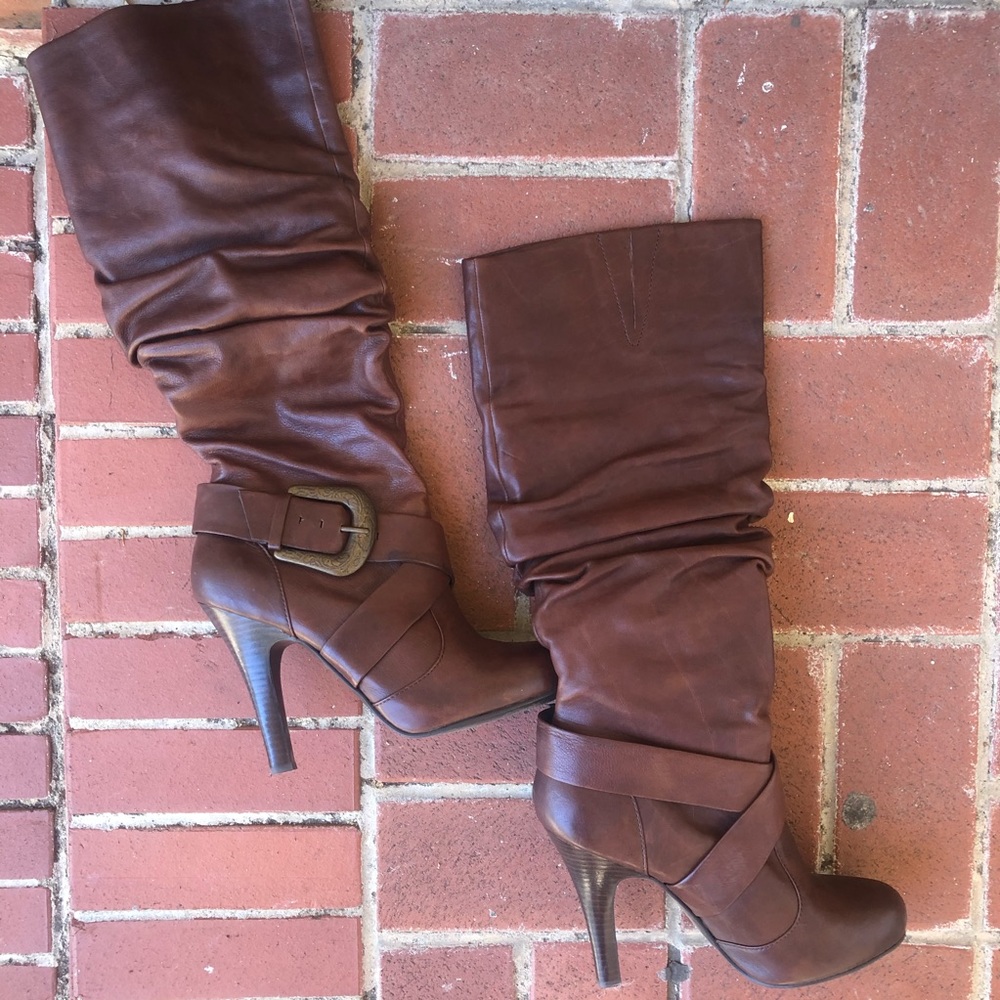 INC Brown Leather High Heel Buckle Boots